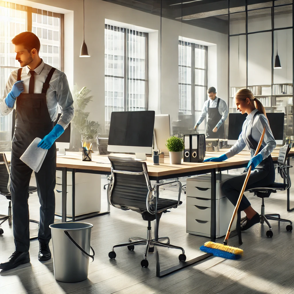 A team of cleaning professionals cleaning an office space